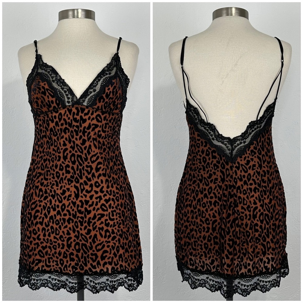 Y2K Indie Sleaze Leopard Velvet Burnout Slip Dress Sz Medium Lace Trim Open Back